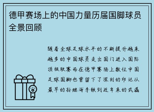德甲赛场上的中国力量历届国脚球员全景回顾